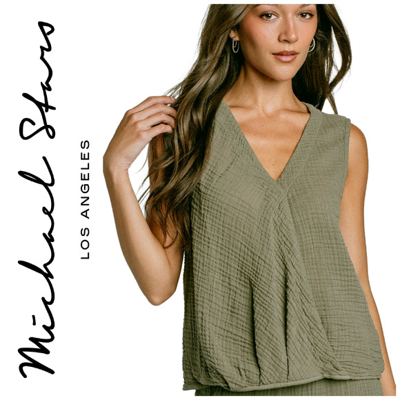 Michael Stars Evie Crossover Surplice Double Gauze Sleeveless Top Green Sz XS - Picture 1 of 6